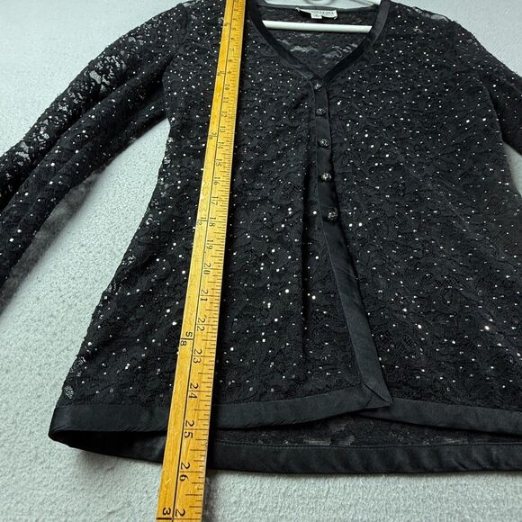 St John Evening Marie Gray Black Lace Beaded Sheer Top Blouse Sz 4 Made in USA - Picture 6 of 11